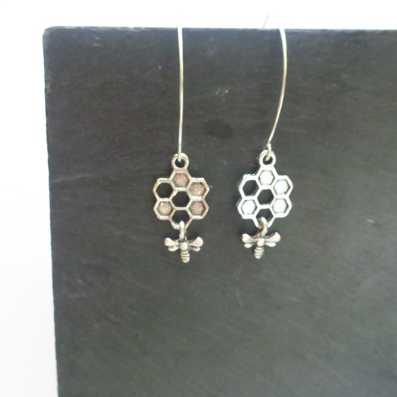Honeycomb Dangle Bee Threader Earrings Sterling - Picture 3 of 8